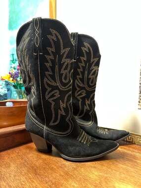 Wilsons Leather Black Suede Tall Western Cowboy Boots with Contrast Stitching
